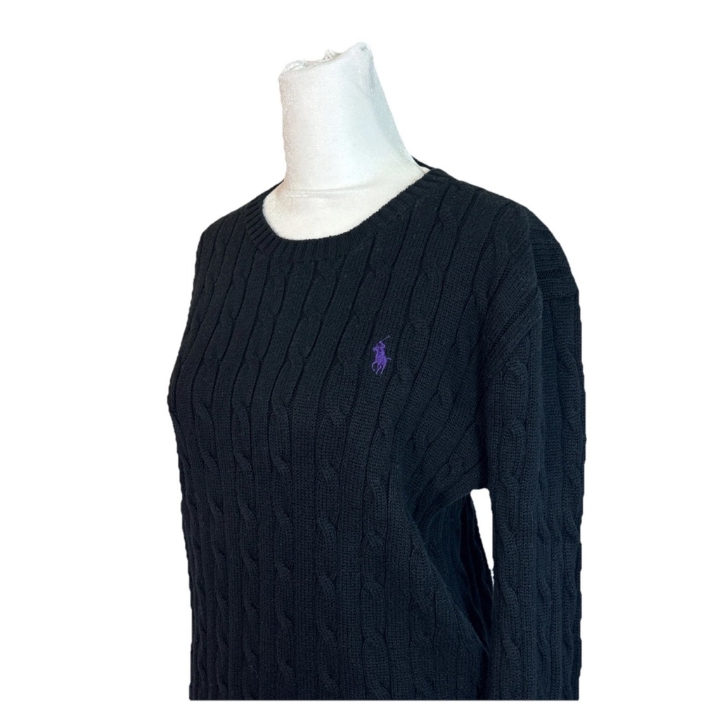 Polo by Ralph Lauren Black Cable Knit Crewneck Sweater with Purple Pony